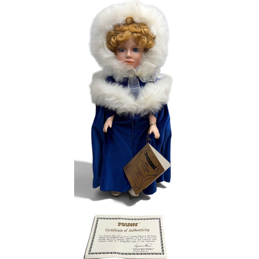 Vintage Seymour Mann Connoisseur Porcelain Doll Blue Velvet Fur Coat COA Box